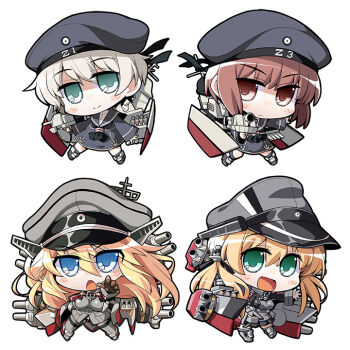 10s 4girls akaneya anchor_hair_ornament armor bare_shoulders beret bismarck_(kancolle) black_legwear blonde_hair blue_eyes bottomless breastplate breasts brown_eyes brown_hair cannon chibi clothes_writing detached_sleeves dress gloves grey_legwear hair_ornament hat kantai_collection long_hair long_sleeves medium_breasts microskirt military military_hat military_uniform multiple_girls open_mouth peaked_cap prinz_eugen_(kancolle) sailor_collar sailor_collared sailor_dress sailor_hat ship_turret short_hair silver_hair skirt smile thighhighs torpedo twintails white_gloves z1_leberecht_maass_(kancolle) z3_max_schultz_(kancolle)