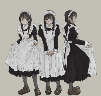 1girl apron black_dress black_hair blunt_bangs blush bow bowtie braid clothes_lift collared_dress dress expressionless frilled_apron frilled_dress frilled_sleeves frills from_side full_body hair_between_eyes half-closed_eyes highres holding_skirt holding_unworn_clothes izumi_mizu1001 long_hair long_sleeves looking_at_viewer maid maid_apron maid_headdress mary_janes multiple_views original own_hands_clasped own_hands_together pantyhose profile puffy_sleeves reference_sheet shoes sidelocks skirt skirt_lift standing twin_braids white_apron