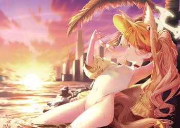 1girl absurdres animal_ear_fluff animal_ears bboooyong blonde_hair blue_archive breasts cityscape commentary covered_navel cross_halo english_commentary eyes_visible_through_hair fox_ears fox_girl fox_tail halo highleg highleg_one-piece_swimsuit highres holding holding_removed_eyewear jacket long_hair official_alternate_costume official_alternate_hairstyle one-piece_swimsuit orange-tinted_eyewear orange_eyes reclining revision ring_of_light_(blue_archive) seia_(blue_archive) seia_(swimsuit)_(blue_archive) side_ponytail small_breasts soaking_feet solo sun sunglasses sunset swimsuit tail tinted_eyewear unworn_eyewear visor_cap white_one-piece_swimsuit yellow_halo yellow_jacket yellow_visor