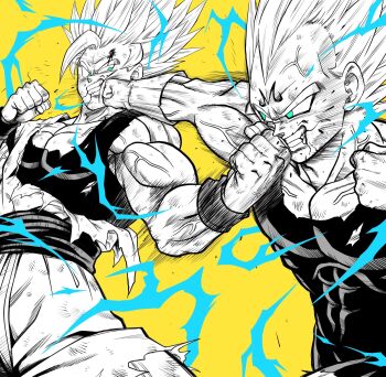 2boys blood blood_from_mouth blood_on_face clenched_teeth commentary_request covered_abs dragon_ball dragonball_z evil_grin evil_smile face_punch facial_mark forehead_mark gloves grin highres in_the_face lee_(dragon_garou) majin_vegeta male_focus multiple_boys muscular muscular_male partially_colored pectoral_cleavage pectorals punching smile son_goku super_saiyan super_saiyan_2 teeth torn_clothes vegeta veins veiny_arms widow's_peak wristband