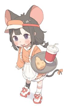 1girl :3 absurdres animal_ears animal_hair_ornament apron asymmetrical_legwear black_hair black_socks blush borrowed_character buck_teeth cheese commentary_request cup dress drinking_straw food hair_ornament hat highres holding holding_tray long_hair long_sleeves low_twintails maid_apron mismatched_legwear mouse_ears mouse_girl mouse_hair_ornament mouse_tail open_mouth orange_dress orange_hat orange_ribbon original possummachine purple_eyes ribbon roller_skates shoes skates smile socks solo swiss_cheese tail tail_ornament tail_ribbon teeth tray twintails upper_teeth_only visor_cap waitress white_apron white_background white_shoes white_socks