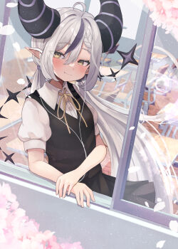 1girl absurdres against_windowsill ahoge alternate_costume alternate_hairstyle arm_support black_horns blush braid braided_bangs cherry_blossoms classroom closed_mouth commentary_request demon_girl demon_horns desk double-parted_bangs falling_petals fang fang_out grey_hair hair_between_eyes highres hololive horns la+_darknesss long_hair looking_at_viewer low_twintails multicolored_hair nemuta_muu petals pointy_ears purple_streaks school_desk school_uniform single_hair_streak smile solo streaked_hair striped_horns tail twintails very_long_hair virtual_youtuber window yellow_eyes