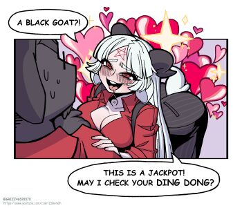 1boy animal_ears baphomet_(grizz) blush breasts collared_shirt comic commentary drooling duplicate english_commentary english_text furry furry_male goat_boy goat_ears goat_horns goat_tail grizz helltaker helltaker_(character) highres horizontal_pupils horns long_hair male_focus original pentagram pixel-perfect_duplicate red_eyes red_shirt segmented_comic shirt solo sweat tail very_long_hair white_hair