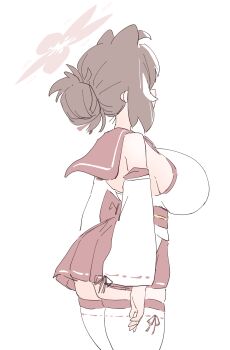 1girl animal_ears arms_at_sides backless_outfit bare_shoulders blue_archive breasts commentary_request cowboy_shot detached_sleeves hair_bun halo highres kaede_(blue_archive) large_breasts mabufuyo red_halo red_sailor_collar sailor_collar sideboob simple_background solo thighhighs white_background white_sleeves white_thighhighs