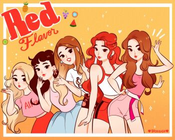 5girls belt blonde_hair blue_skirt brown_hair commentary earrings english_commentary half_updo hand_on_own_hip heart irene_(red_velvet) jewelry joy_(red_velvet) long_hair looking_at_viewer multiple_girls orange_background pink_shirt real_life red_hair red_lips red_shorts red_velvet_(group) seulgi_(red_velvet) shirt shorts skirt smile vicki_tsai wendy_(red_velvet) yeri_(red_velvet)