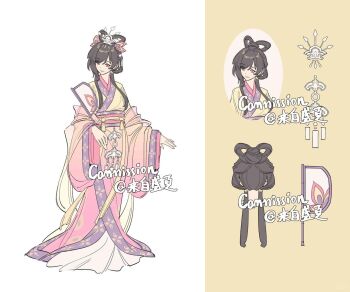 1girl artist_name bad_source black_hair chinese_clothes feixianji_(hairstyle) full_body hagoromo hair_ornament hair_rings hand_fan hanfu holding holding_fan jiaoling_ruqun laizi_shengxia long_hair long_sleeves multiple_views original pink_eyes sash shawl smile watermark wide_sleeves zhijupao