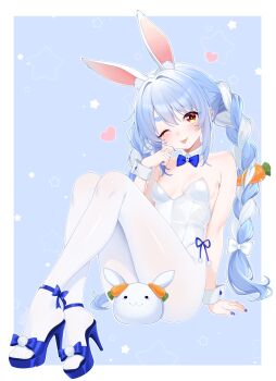 Rule 34 | 1girl, :3, absurdres, alternate costume, animal ear fluff, animal ears, bare shoulders, blue background, blue bow, blue hair, blue nails, blue shoes, blush, border, bow, braid, breasts, carrot hair ornament, cleavage, commentary, detached collar, felixkohai, food-themed hair ornament, full body, hair intakes, hair ornament, heart, heart in eye, high heels, highres, hololive, leotard, multicolored hair, nail polish, one eye closed, open-toe shoes, orange eyes, outline, outside border, pantyhose, pekomon (usada pekora), playboy bunny, rabbit-shaped pupils, rabbit ears, shoes, signature, small breasts, solo, star (symbol), strapless, strapless leotard, symbol-only commentary, symbol-shaped pupils, symbol in eye, thick eyebrows, tongue, tongue out, twin braids, usada pekora, virtual youtuber, white border, white hair, white leotard, white outline, white pantyhose, wrist cuffs