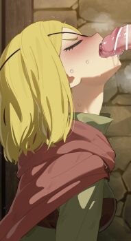 1boy 1girl absurdres alicia_glenfall blonde_hair blush breasts cape clevatess:_majuu_no_ou_to_akago_to_shikabane_no_yuusha closed_eyes fellatio green_shirt hetero highres licking licking_penis long_sleeves medium_breasts mizumizuni oral penis red_cape saliva shirt short_hair solo_focus sweat tongue tongue_out