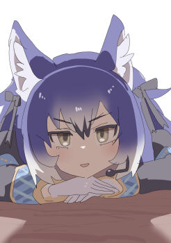 1girl animal_ears black_ribbon blue_hair dire_wolf_(kemono_friends) extra_ears gloves grey_hair highres jacket kemono_friends kemono_friends_v_project long_hair looking_at_viewer microphone nishuu_miri ribbon simple_background solo table twintails virtual_youtuber white_gloves wolf_ears wolf_girl