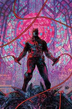 1boy architecture baton_(weapon) blind bodysuit boots cathedral church colorful_background daredevil european_architecture gloves highres holding holding_baton holding_nunchaku holding_weapon horned_mask horns indoors male_focus marvel mask matt_murdock nunchaku red-tinted_eyewear red_bodysuit red_mask science_fiction solo superhero_costume tinted_eyewear vinartwork weapon western_comics_(style)