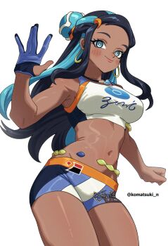1girl absurdres belly_chain bikini black_hair blue_eyes blue_hair blush breasts closed_mouth commentary_request crop_top dark-skinned_female dark_skin earrings gloves hair_bun highres hoop_earrings jewelry komatsuki_n large_breasts long_hair looking_at_viewer multicolored_hair navel necklace nessa_(pokemon) nintendo partially_fingerless_gloves pokemon pokemon_swsh simple_background single_glove single_hair_bun smile solo sports_bikini stomach swimsuit tankini two-tone_hair white_background