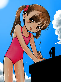 1girl arm_support blush brown_eyes brown_hair cloud collarbone drinking_fountain flat_chest leaning_forward lemon_production loli long_hair looking_at_viewer one-piece_swimsuit open_mouth original pink_one-piece_swimsuit scrunchie sky smile standing swimsuit teeth twintails wet