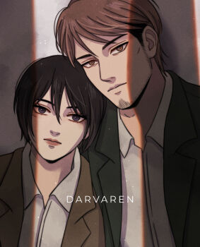 1boy 1girl alternate_costume artist_name bad_tag black_hair brown_eyes brown_hair cheating_(relationship) closed_mouth commentary darvaren english_commentary facial_hair formal_clothes goatee incest infidelity jean_kirstein looking_at_viewer mikasa_ackerman multicolored_hair netorare netorase out_of_character shingeki_no_kyojin shirt short_hair sideburns suit two-tone_hair white_shirt