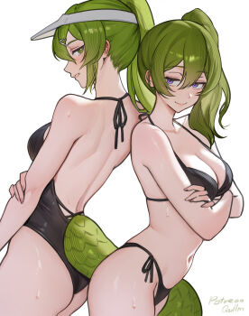 2girls absurdres arknights arknights:_endfield bikini black_bikini black_one-piece_swimsuit breasts cowboy_shot crossed_arms fluorite_(arknights) green_eyes green_hair green_tail highres lizard_tail medium_breasts multiple_girls one-piece_swimsuit purple_eyes quilm side_ponytail simple_background smile sousou_no_frieren standing swimsuit tail ubel_(sousou_no_frieren) visor_cap white_background