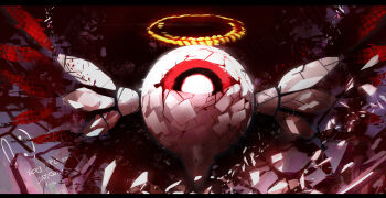 absurdres blue_screen_of_death commentary_request dark_background emoticon glitch halo highres kirby_(series) kirby_air_ride kirby_air_riders looking_at_viewer nintendo no_humans one-eyed red_background red_eyes shards shiburingaru solo tail zero_two_(kirby)