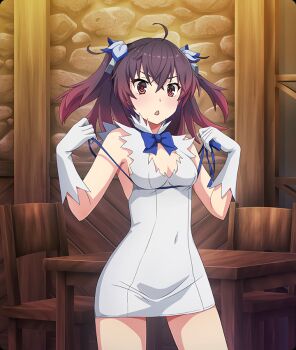 1girl ahoge asakura_mihono blue_bow blue_bowtie blue_ribbon blush bow bowtie breasts brown_hair chair chestnut_mouth cleavage cleavage_cutout clothing_cutout cosplay covered_navel cowboy_shot double-parted_bangs dress dungeon_ni_deai_wo_motomeru_no_wa_machigatteiru_darou_ka game_cg gloves gradient_hair hair_ribbon hestia_(danmachi) hestia_(danmachi)_(cosplay) indoors looking_at_viewer medium_hair multicolored_hair official_art open_mouth red_eyes red_hair rei_no_himo ribbon short_dress sleeveless sleeveless_dress small_breasts solo stone_wall table third-party_source toji_no_miko toji_no_miko:_kizamishi_issen_no_tomoshibi twintails white_dress white_gloves wooden_chair wooden_table