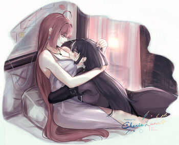 2girls ahoge bare_arms between_breasts black_coat black_gloves black_hair breasts brown_hair cherie_luna chief_(path_to_nowhere) cleavage closed_mouth coat commentary dress earrings elbow_gloves english_commentary eye_contact face_between_breasts female_chief_(path_to_nowhere) gloves grey_dress hand_in_another&#039;s_hair head_between_breasts highres hug indoors jewelry large_breasts long_hair looking_at_another lying_on_person multiple_girls necklace on_bed original path_to_nowhere rahu_(path_to_nowhere) scar scar_across_eye scar_on_face sleeveless sleeveless_dress smile yuri