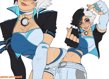 1girl black_gloves black_hair black_jacket blue_choker blue_eyeliner blue_eyes blue_nails blue_tank_top breasts choker collarbone collared_jacket cowboy_shot crescent_ornament cropped_jacket double_finger_heart elbow_gloves eyelashes eyeliner finger_heart gloves highres jacket large_breasts leaning_forward lips looking_at_viewer luna_snow makeup marvel marvel_rivals midriff multicolored_hair nose one_eye_closed open_clothes open_jacket outline parted_lips patreon_username reaching reaching_towards_viewer short_hair shorts simple_background smile snowflake_ornament stopu tank_top teeth two-tone_choker two-tone_hair white_background white_choker white_gloves white_hair white_outline white_shorts