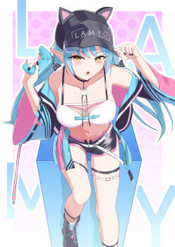 1girl animal_hat asymmetrical_legwear baseball_cap belt black_choker black_hat black_jacket black_nails black_shorts blue_hair boots braid breasts cat_hat choker cleavage collarbone commentary_request controller double-parted_bangs elf fingernails fishnet_socks fishnets foot_out_of_frame game_controller hair_between_eyes hat highres holding holding_controller holding_game_controller hololive izakyuu jacket large_breasts long_hair long_sleeves looking_at_viewer low_twintails nail_polish navel official_alternate_costume open_clothes open_jacket open_mouth pointy_ears short_shorts shorts side_braids socks solo stomach thigh_strap twintails very_long_hair virtual_youtuber white_belt yellow_eyes yukihana_lamy yukihana_lamy_(cyber)