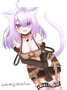 1girl :3 ahoge animal_ear_fluff animal_ears artist_name belt bent_over bra breasts brown_belt brown_bra brown_collar brown_garter_straps brown_shirt brown_sleeves cat_ears cat_girl cat_tail check_clothing cleavage clothing_request collar commentary_request cosplay cowboy_shot crossed_bangs double-parted_bangs dutch_angle fangs fiora_(xenoblade) fiora_(xenoblade)_(cosplay) garter_straps highres hololive large_breasts light_blush looking_at_viewer medium_hair miniskirt multiple_belts nekomata_okayu open_mouth purple_eyes purple_hair shirt skirt smile sparkling_eyes tail thighhighs uji10ukifune underwear virtual_youtuber white_thighhighs xenoblade_chronicles_(series) xenoblade_chronicles_1 zettai_ryouiki