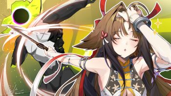 1girl aburi_iwashi adjusting_hair animal_ear_fluff animal_ears armlet armpits bare_shoulders bracelet breasts brown_hair china_dress chinese_clothes cleavage closed_eyes clover clover_hair_ornament commentary_request dress droopy_ears ethereal_(zenless_zone_zero) hair_ornament hair_slicked_back hairband hand_in_own_hair hand_on_own_head highres hitting holding holding_sword holding_weapon jewelry long_hair medium_breasts meme metal_bracelet naoya_hitting_choso_without_looking_(meme) open_mouth outline scene_reference silver_armlet silver_bracelet sparkle sword very_long_hair weapon white_dress white_hairband white_outline ye_shunguang zenless_zone_zero