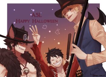 3boys ^_^ animal_ears bad_id bad_twitter_id black_hair blonde_hair blue_vest clenched_teeth closed_eyes dutch_angle fake_animal_ears happy_halloween hat highres kazuto_(kazu_one_a) looking_at_viewer male_focus monkey_d._luffy multiple_boys one_piece portgas_d._ace red_shirt sabo_(one_piece) scar scar_on_face shirt short_hair smile striped_clothes striped_shirt teeth tongue tongue_out vertical-striped_clothes vertical-striped_shirt vest wings yellow_shirt