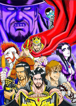 1girl 6+boys axe battle_axe beard black_hair blue_eyes breasts brown_hair cape clenched_teeth cody_rhodes comiket_89 crown facial_hair fist_in_hand fur-trimmed_suit green_eyes holding holding_axe holding_scepter holding_shield hozun1985 long_hair looking_at_viewer mohawk multiple_boys muscular muscular_male mutton_chops no_pupils orange_hair paige_(wwe) purple_eyes purple_nails red_cape roman_reigns scepter seth_rollins sheamus shield short_hair teeth the_undertaker_(wwe) very_short_hair wade_barrett weapon white_facepaint wwe