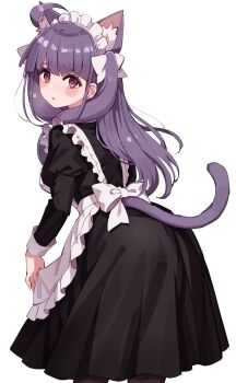 1girl ahoge alternate_costume animal_ears ass bent_over black_dress blunt_bangs breasts brown_pantyhose cat_ears cat_tail chofu_noriko commentary_request cowboy_shot cream_(nipakupa) dress enmaided from_behind highres ikizulive!_love_live!_bluebird juliet_sleeves kemonomimi_mode long_hair long_sleeves love_live! maid medium_breasts medium_dress pantyhose puffy_sleeves purple_eyes purple_hair simple_background solo tail two_side_up white_background