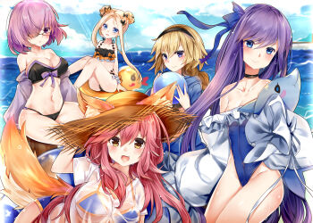 &gt;:) 5girls :3 :d abigail_williams_(emerald_float)_(fate) abigail_williams_(fate) absurdres alternate_costume animal_ear_fluff animal_ears ball bare_shoulders bikini black-framed_eyewear black_bikini black_bow black_choker black_hairband blonde_hair blue_bikini blue_bow blue_eyes blue_ribbon blurry blurry_background blush bow bow_bikini breasts chinese_commentary choker cleavage closed_mouth collarbone commentary covered_navel cowboy_shot dated_commentary day double_bun ears_through_headwear eyelashes eyes_visible_through_hair fate/grand_order fate_(series) forehead fox_ears fox_girl fox_tail frilled_bikini frilled_one-piece_swimsuit frills glasses groin hair_between_eyes hair_bow hair_bun hair_over_one_eye hair_ribbon hairband hand_up happy hat heart heart_in_eye highleg highleg_one-piece_swimsuit highres holding holding_ball holding_stuffed_toy imoe_(1017933989) jeanne_d&#039;arc_(fate) jeanne_d&#039;arc_(swimsuit_archer)_(first_ascension)_(fate) large_breasts long_hair looking_at_viewer mash_kyrielight medium_hair meltryllis meltryllis_(fate) meltryllis_(swimsuit_lancer)_(fate) meltryllis_(swimsuit_lancer)_(second_ascension)_(fate) multiple_girls navel ocean one-piece_swimsuit one_eye_covered open_mouth outdoors parted_bangs parted_lips pink_hair purple_bow purple_eyes purple_hair ribbon see-through_clothes see-through_shirt shirt short_sleeves sidelocks sitting small_breasts smile spiked_hair stomach straight_hair strapless strapless_bikini straw_hat stuffed_animal stuffed_dolphin stuffed_toy swimsuit symbol_in_eye tail tamamo_(fate) tamamo_no_mae_(fate) tamamo_no_mae_(swimsuit_lancer)_(fate) tamamo_no_mae_(swimsuit_lancer)_(second_ascension)_(fate) thighs v-shaped_eyebrows very_long_hair wet wet_clothes wet_shirt white_shirt yellow_eyes
