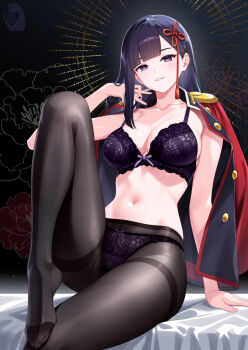 1girl black_hair black_pantyhose blunt_bangs bra breasts cleavage commentary_request epaulettes highres large_breasts long_hair looking_at_viewer mato_seihei_no_slave navel panties pantyhose purple_eyes smile solo underwear yamashiro_ren zaregoto_tsukai_no_deshi