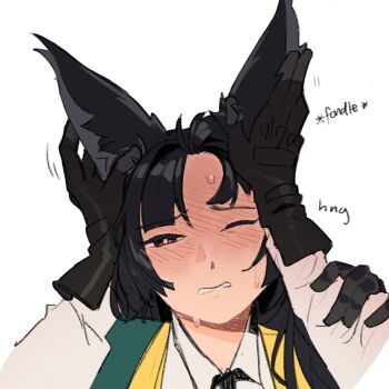 2girls black_gloves blush collared_shirt commentary eimikosmoothie english_commentary gloves grabbing_another&#039;s_ear hand_on_another&#039;s_ear highres holding_another&#039;s_wrist hoshimi_miyabi multiple_girls one_eye_closed parted_lips red_eyes rubbing_ears shirt simple_background sweat white_background white_shirt yuri zenless_zone_zero zhu_yuan