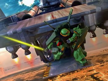 3d aircraft cable cloud commentary_request energy_sword figure_(medium) flying gundam gunpla hangar hizack holding holding_sword holding_weapon machinery mecha mecha_focus mobile_suit model_kit no_humans one-eyed open_hatch photo_(medium) photo_background photo_inset photoshop_(medium) robot roundel science_fiction shield shoulder_spikes sign spikes sword thrusters titans_(gundam) warning_sign weapon zeta_gundam