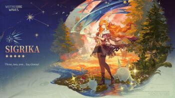 Rule 34 | 1girl, animal, aqua eyes, bare shoulders, black shorts, braid, character name, commentary, english commentary, english text, floating hair, hands up, highres, jacket, logo, long hair, looking at viewer, low twin braids, official art, orange hair, parted lips, purple jacket, shorts, sigrika (wuthering waves), smile, soliskin (wuthering waves), solo, standing, twin braids, veil, white veil, wind, wuthering waves