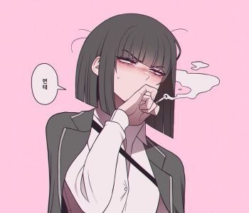 1girl black_hair black_jacket blush bob_cut cigarette collared_shirt covering_own_mouth flat_chest highres holding holding_cigarette jacket jacket_on_shoulders korean_text lcb_uniform_(project_moon) limbus_company long_sleeves messy_hair misg1111 project_moon red_eyes ryoshu_(project_moon) shirt short_hair smoke solo speech_bubble sweat translation_request white_shirt