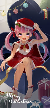 1girl absurdres adjusting_clothes adjusting_headwear alternate_costume ankle_bow ankle_ribbon aqua_hair arm_up armpit_crease barefoot bell blush bow bowtie box braid breasts cape capelet christmas christmas_ornaments colored_inner_hair commentary commentary_request curly_hair dress drill_hair english_commentary evi_29thd03 feet finger_ribbon fur-trimmed_cape fur-trimmed_headwear fur_anklet fur_trim gift gift_box glint hair_ribbon hat highres hololive knees_up large_breasts leg_ribbon long_hair looking_at_viewer merry_christmas minato_aqua multicolored_hair neck_bell on_box open_mouth pink_eyes pink_hair pink_ribbon red_bow red_bowtie red_capelet red_dress red_hat red_ribbon ribbon santa_cape santa_costume santa_dress santa_hat smile solo streaked_hair thighs toes twin_drills twintails two-tone_hair virtual_youtuber