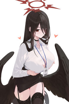 1girl black_garter_straps black_hair black_skirt black_thighhighs black_wings blue_archive blush breasts button_gap cleavage closed_mouth commentary_request cowboy_shot eyes_visible_through_hair feathered_wings fieryonion garter_straps hair_between_eyes hair_over_one_eye halo hasumi_(blue_archive) highres large_breasts long_hair long_hair_between_eyes looking_at_viewer low_wings miniskirt office_lady oversized_wings pencil_skirt red_eyes red_halo shirt simple_background skirt smile solo thighhighs very_long_hair white_background white_shirt wings