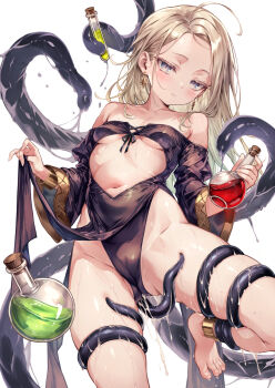 1girl ahoge alchemist anklet bare_shoulders barefoot beaker black_leotard blonde_hair blue_eyes blush breasts cameltoe center_opening closed_mouth collarbone comiket_107 earrings flask gold_anklet gold_trim harino646 highres holding holding_flask jewelry leotard long_hair long_sleeves looking_at_viewer monster navel original potion restrained slime_(substance) small_breasts solo tentacles test_tube toes underboob wide_sleeves