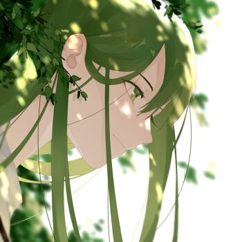 1other androgynous branch chinese_commentary commentary_request dappled_sunlight enkidu_(fate) fate/grand_order fate_(series) green_eyes green_hair hair_between_eyes long_hair other_focus portrait profile sili5291 smile solo sunlight