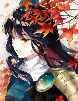 1girl armor black_hair blue_dress blue_hat colored_inner_hair commentary_request dress falling_leaves from_side gem green_gemstone hat highres iizunamaru_megumu konruri_blue leaf long_hair lower_teeth_only multicolored_hair open_mouth orange_eyes orange_hair shoulder_armor simple_background solo teeth tokin_hat touhou upper_body white_background