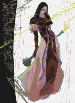 1girl be11prpr black_gloves border dress elbow_gloves elden_ring elden_ring_nightreign full_body gloves highres holding holding_weapon hood jewelry mace necklace nun pelvic_curtain standing undertaker_(elden_ring) veil weapon