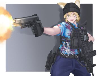 1girl absurdres animal_ears assault_rifle beanie belt black_gloves blonde_hair blue_pants bulletproof_vest commentary_request d-sawa613 gloves grey_background gun handgun hat heterochromia highres military open_mouth original pants polo_shirt rifle scar scar_across_eye scar_on_face sharp_teeth short_hair short_sleeves simple_background solo standing tactical_clothes tactical_gloves teeth two-tone_background weapon weapon_request white_background