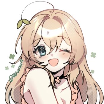 1girl :d artist_name blonde_hair blue_eyes breasts cleavage commentary double-parted_bangs english_commentary hair_between_eyes highres long_hair looking_at_viewer one_eye_closed open_mouth original plant_on_head ryuuxin simple_background smile solo upper_body white_background