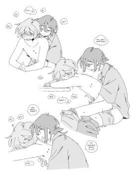 2boys artist_request bite_marks comic english_text handjob highres multiple_boys nude original speech_bubble sweat yaoi