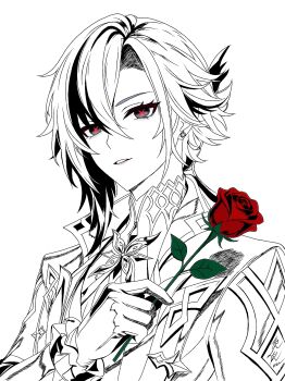 Rule 34 | 1girl, arlecchino (genshin impact), black hair, chinese commentary, coat, commentary request, flower, genshin impact, gloves, hair between eyes, highres, holding, holding flower, lineart, looking at viewer, monochrome, multicolored hair, niniaa, parted lips, red flower, red pupils, red rose, rose, short hair, simple background, solo, spot color, streaked hair, symbol-shaped pupils, two-tone hair, upper body, white background, white hair, x-shaped pupils