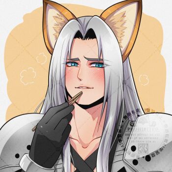 Rule 34 | 1boy, animal ears, armor, black gloves, blush, bracelet, chest strap, chopsticks, collarbone, commentary request, final fantasy, final fantasy vii, final fantasy vii remake, fox ears, gloves, green eyes, grey hair, hair intakes, highres, holding, holding chopsticks, jewelry, long hair, male focus, parted bangs, parted lips, sephiroth, shikiwo, shoulder armor, solo, upper body