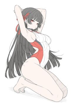 1girl armpits arms_behind_head barefoot black_hair breasts chisa_(wuthering_waves) closed_mouth commentary competition_swimsuit covered_navel english_commentary hair_ribbon highres legs long_hair looking_at_viewer medium_breasts one-piece_swimsuit red_eyes red_one-piece_swimsuit ribbon simple_background solo swimsuit t1kosewad thighs toes two-tone_swimsuit white_background white_one-piece_swimsuit wuthering_waves