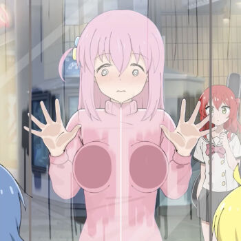 4girls @_@ against_glass ahoge blonde_hair blue_eyes blue_hair blush bocchi_the_rock! bow bowtie breast_press breasts building cube_hair_ornament gotoh_hitori grey_skirt guitar_case hair_bobbles hair_ornament ijichi_nijika instrument_case jacket kita_ikuyo large_breasts long_hair long_sleeves looking_at_another looking_at_viewer multiple_girls open_mouth pink_hair pink_jacket poa_mellhen red_bow red_bowtie red_hair reflection school_uniform shirt short_sleeves side_ponytail skirt standing track_jacket white_shirt window yamada_ryo yellow_eyes