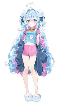 1girl blue_eyes blush breasts dolphin_shorts enokinoko1010 long_hair looking_at_viewer multicolored_hair original shorts simple_background slippers small_breasts solo two-tone_hair white_background