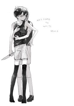 Rule 34 | 2boys, antenna hair, black hair, black shoes, black shorts, black sweater vest, black tank top, black thighhighs, closed mouth, collarbone, collared shirt, commentary, double-parted bangs, dual persona, english text, hair between eyes, hashtag-only commentary, hethima power, highres, holding, holding knife, hug, hug from behind, knife, male focus, multiple boys, omori, omori (omori), shirt, shoes, short hair, short sleeves, shorts, standing, striped clothes, striped shorts, sunny (omori), sweater vest, tank top, thighhighs, two-tone shorts, vertical-striped clothes, vertical-striped shorts, white shirt, white shorts