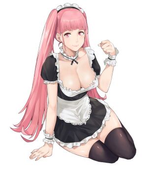 1girl apron black_thighhighs blunt_bangs breasts cleavage closed_mouth female_focus fire_emblem fire_emblem:_three_houses highres hilda_valentine_goneril j@ck large_breasts long_hair looking_at_viewer maid matching_hair/eyes nintendo pink_eyes pink_hair simple_background smile solo thighhighs twintails white_background